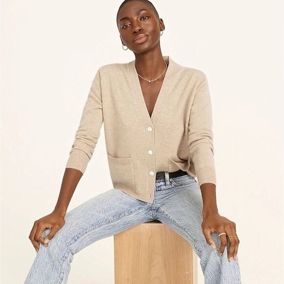 J.Crew Womens Cashmere Patch-Pocket Cardigan Sweater Size Medium Beige FA EXC - Picture 2 of 10
